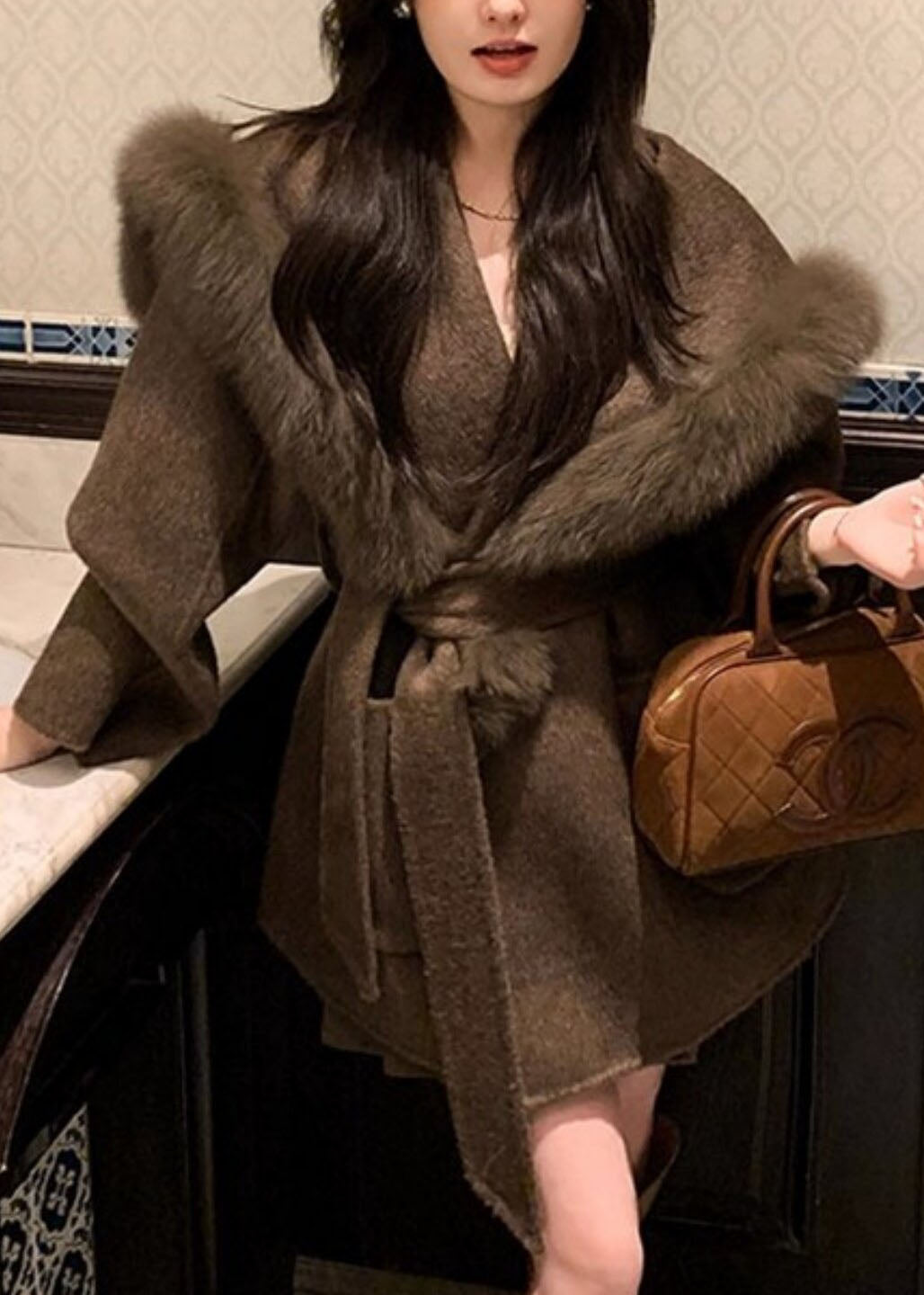 Organic Brown Tie Waist Woolen Hoodie Coat Long Sleeve