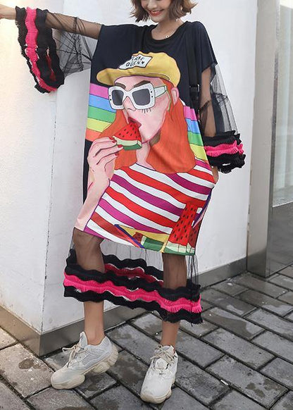 Organic Cartoon print cotton dresses lantern sleeve Dresses summer Dresses - SooLinen