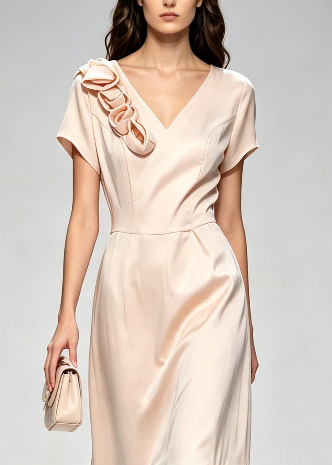 Organic Champagne V Neck Stereoscopic Floral Vacation Dresses Short Sleeve