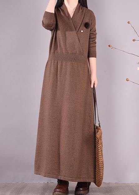 Organic Chocolate Clothes V Neck Asymmetric Dresses Spring Dresses - SooLinen