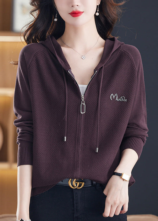 Organic Coffee Drawstring Patchwork Zippered Hooded Knit Coats Fall