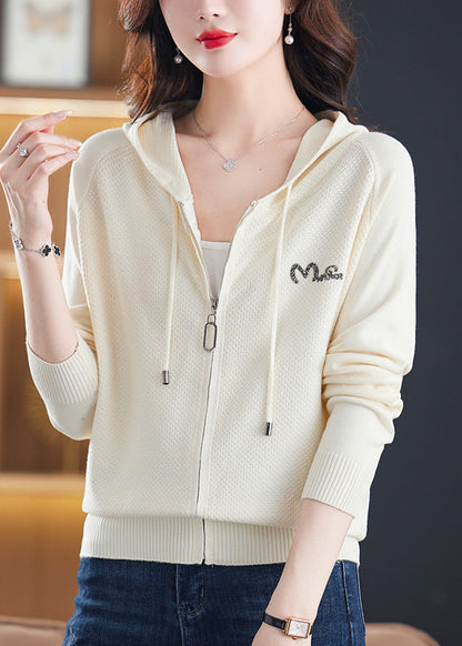 Organic Coffee Drawstring Patchwork Zippered Hooded Knit Coats Fall