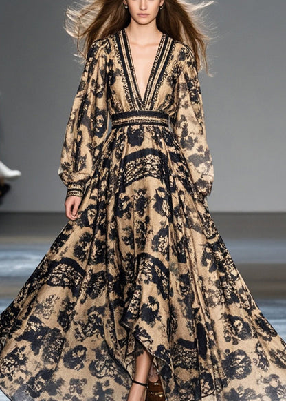 Organic Coffee Print Exra Large Hem Chiffon Cinched Dress Spring