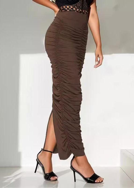 Organic Coffee Wrinkled Patchwork Side Open Skirts Summer