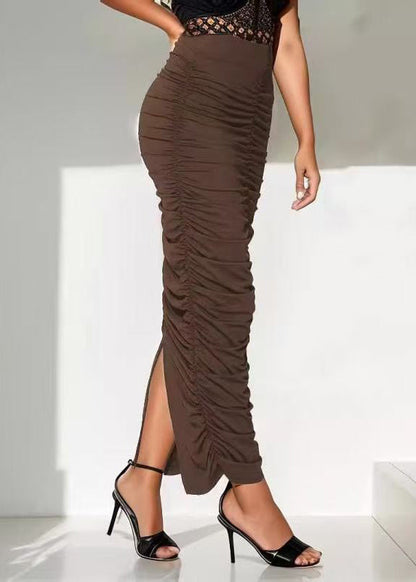 Organic Coffee Wrinkled Patchwork Side Open Skirts Summer