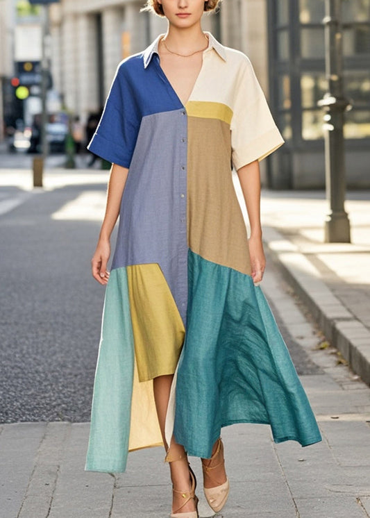 Organic Colorblock Asymmetrical Patchwork Cotton Maxi Dresses Summer
