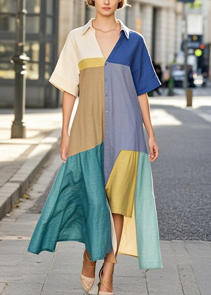 Organic Colorblock Asymmetrical Patchwork Cotton Maxi Dresses Summer