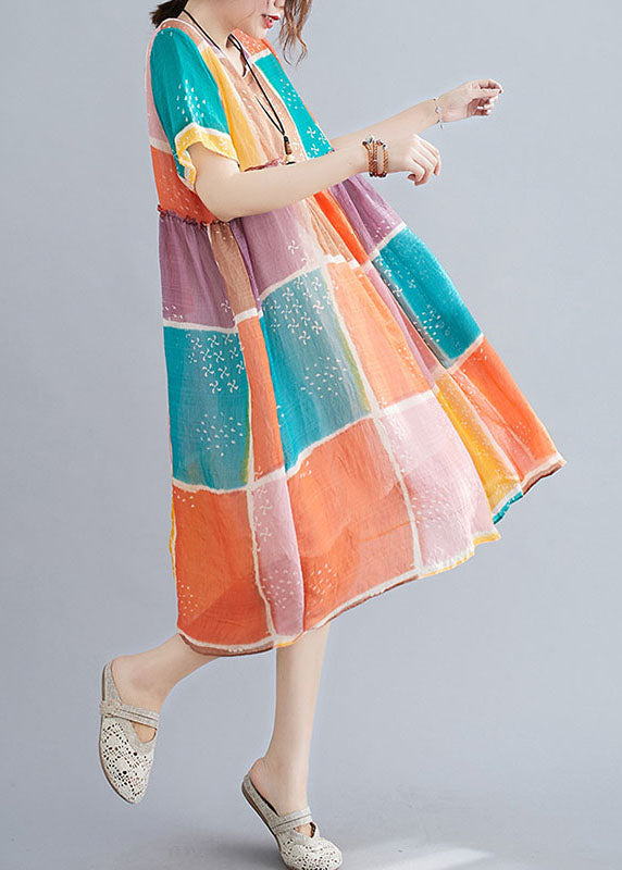 Organic Colorblock Block Print Ruffled Linen Maxi Dress Short Sleeve