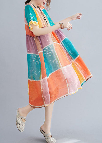 Organic Colorblock Block Print Ruffled Linen Maxi Dress Short Sleeve