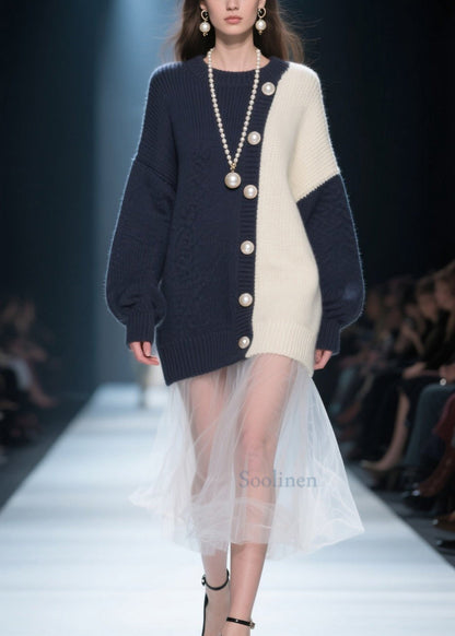 Organic Colorblock O Neck Patchwork Knit Pullover Winter