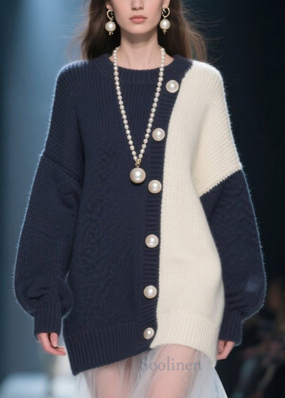 Organic Colorblock O Neck Patchwork Knit Pullover Winter