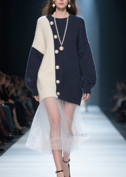 Organic Colorblock O Neck Patchwork Knit Pullover Winter