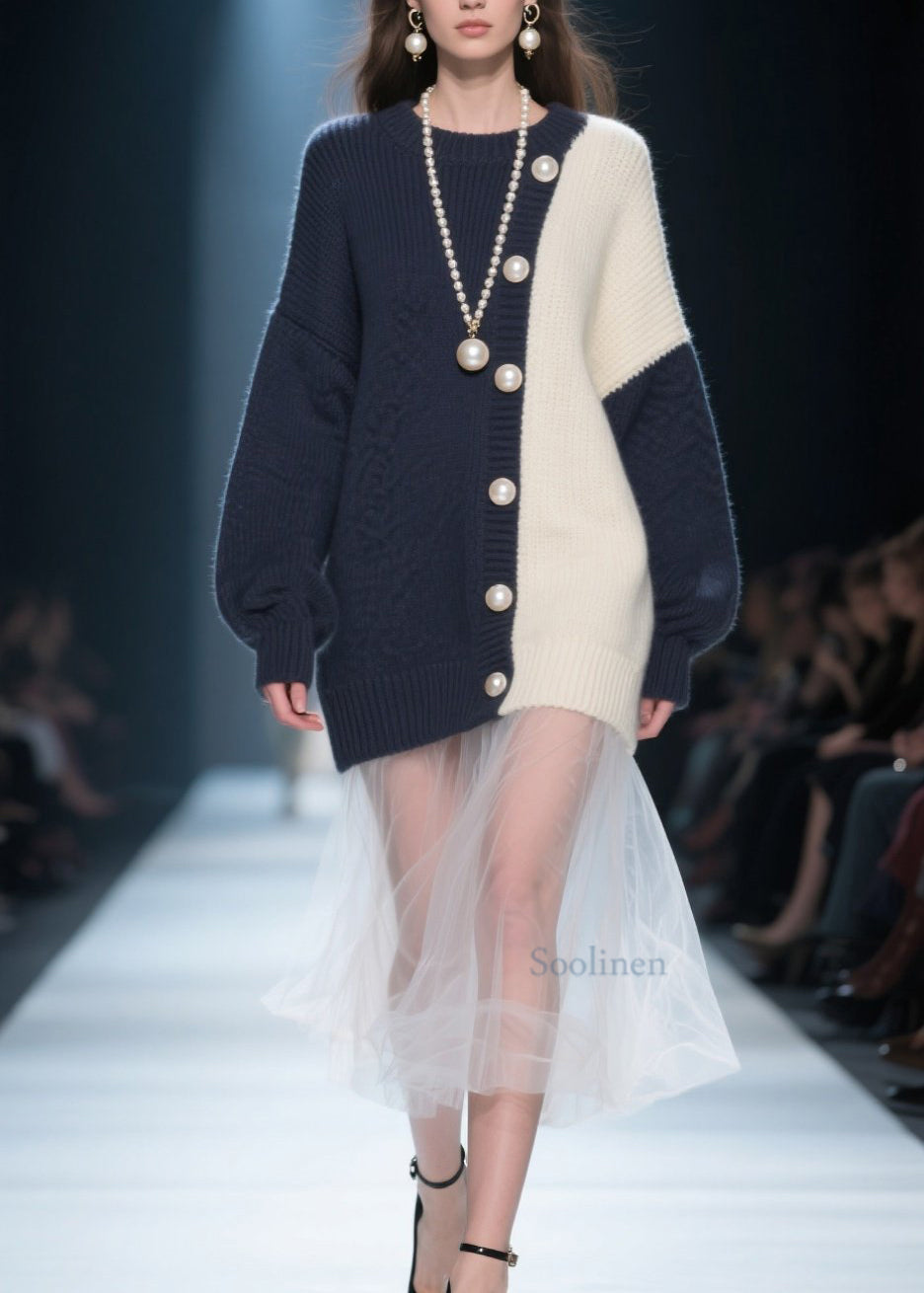 Organic Colorblock O Neck Patchwork Knit Pullover Winter