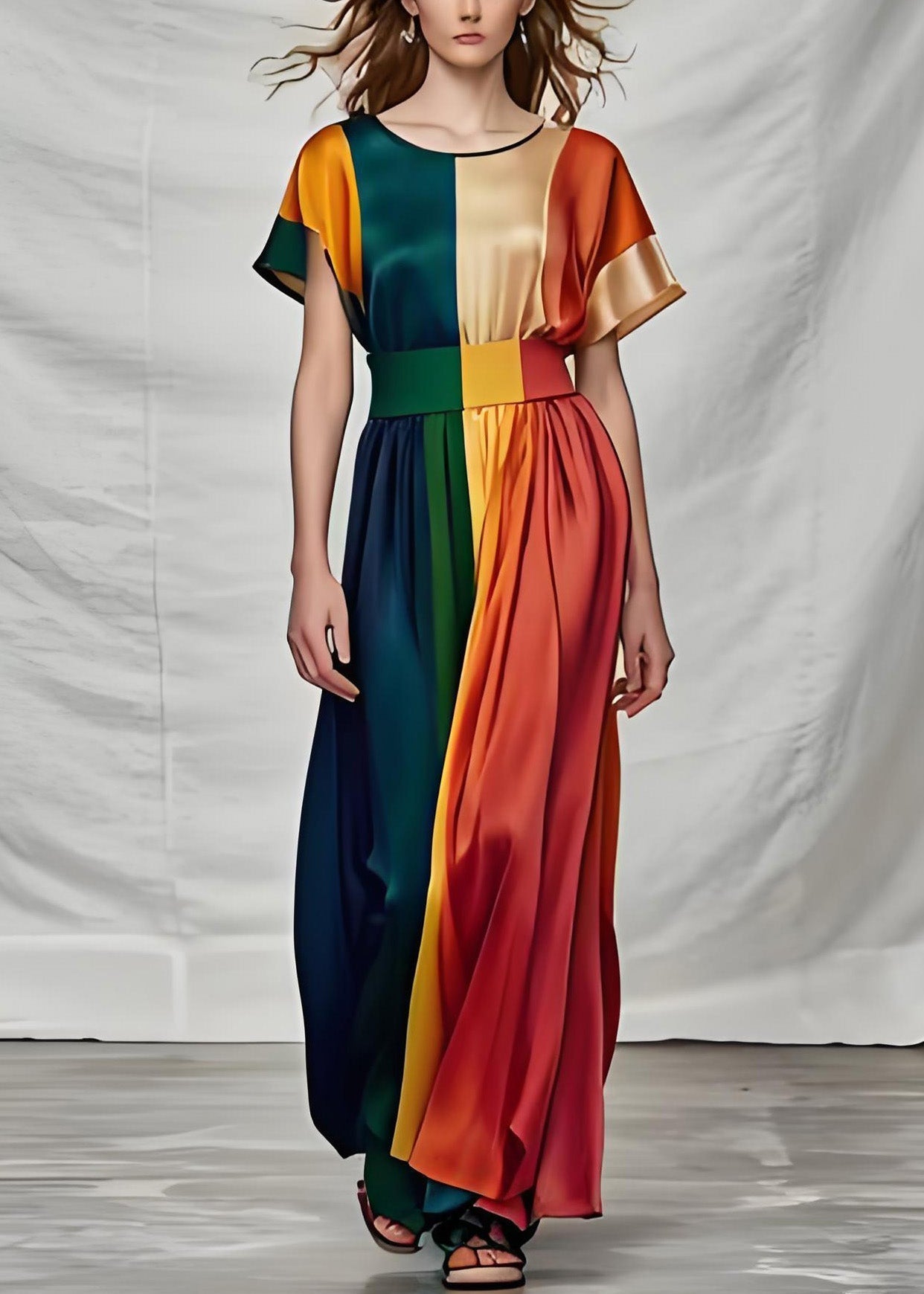 Organic Colorblock O Neck Plus Size Silk Dress Summer