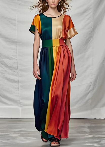 Organic Colorblock O Neck Plus Size Silk Dress Summer