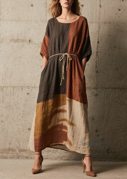 Organic Colorblock O Neck Tie Dye Cotton Dresses Summer