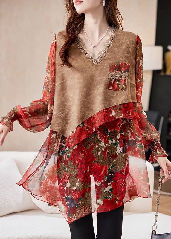 Organic Colorblock Patchwork Nail Bead Chiffon Shirt Three-Quarters Sleeve