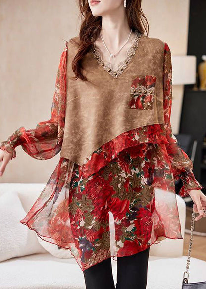 Organic Colorblock Patchwork Nail Bead Chiffon Shirt Three-Quarters Sleeve