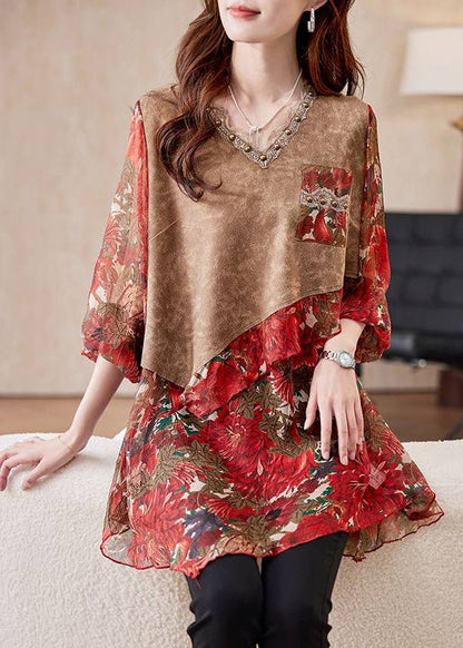Organic Colorblock Patchwork Nail Bead Chiffon Shirt Three-Quarters Sleeve