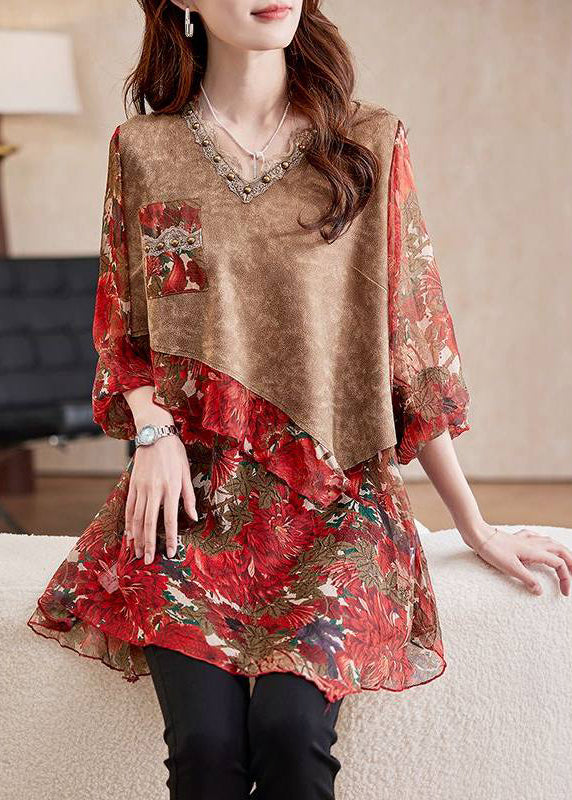 Organic Colorblock Patchwork Nail Bead Chiffon Shirt Three-Quarters Sleeve