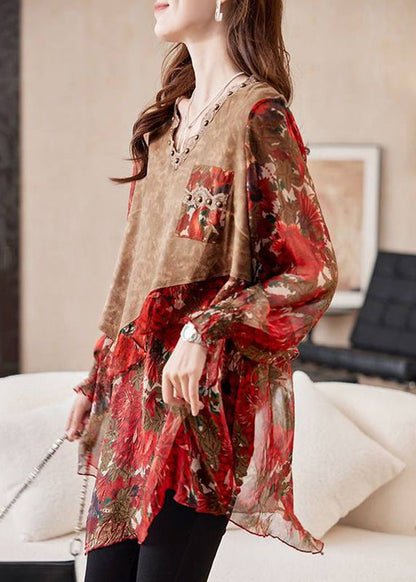 Organic Colorblock Patchwork Nail Bead Chiffon Shirt Three-Quarters Sleeve