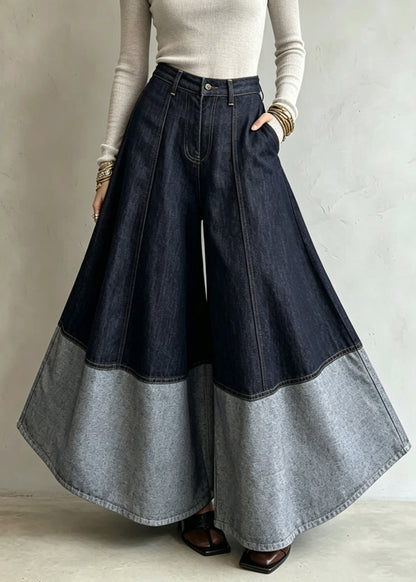 Organic Colorblock Pockets Patchwork Wide Leg Jeans Skirt Fall