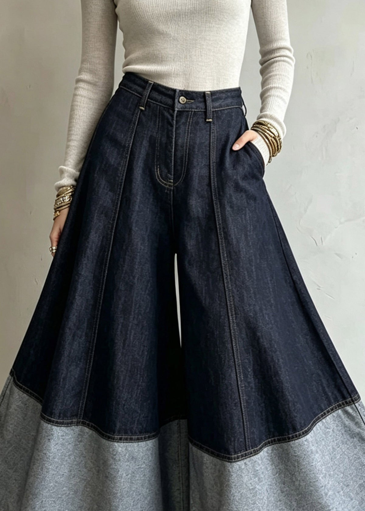 Organic Colorblock Pockets Patchwork Wide Leg Jeans Skirt Fall