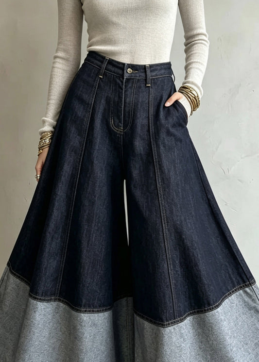 Organic Colorblock Pockets Patchwork Wide Leg Jeans Skirt Fall