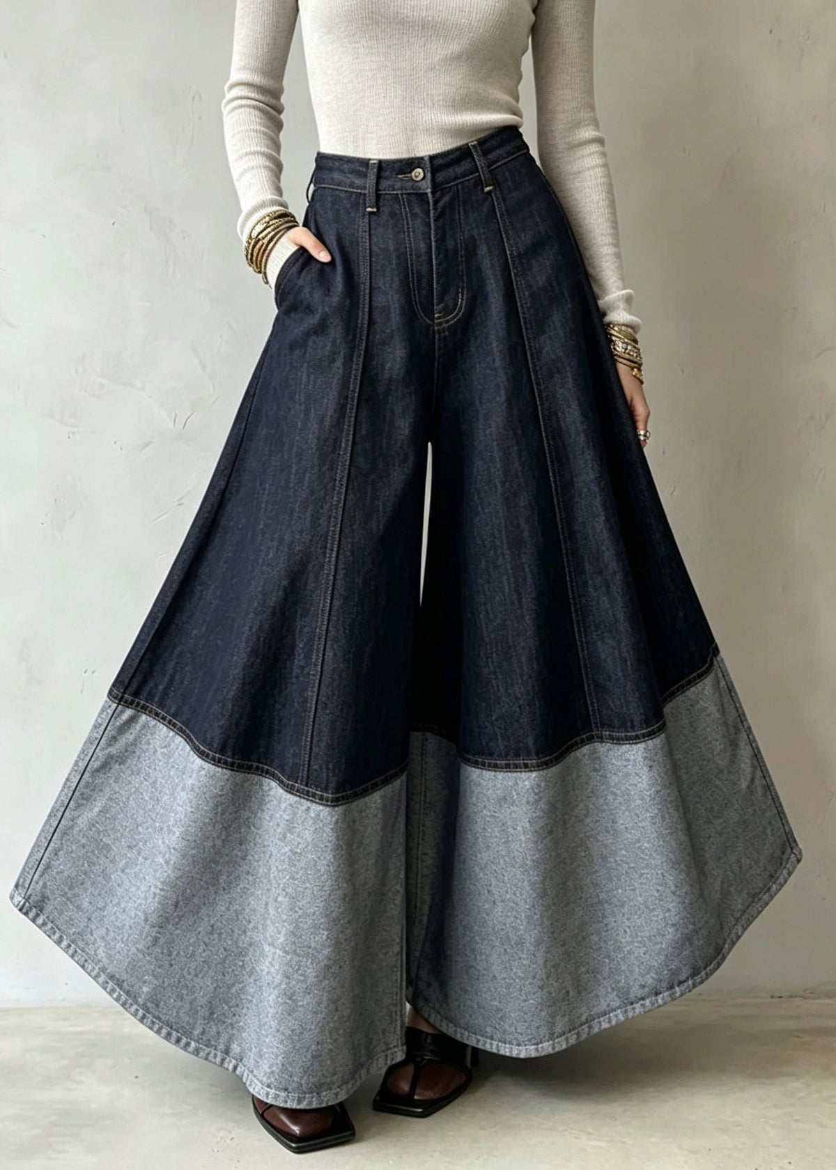 Organic Colorblock Pockets Patchwork Wide Leg Jeans Skirt Fall