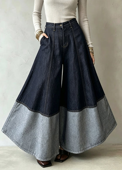 Organic Colorblock Pockets Patchwork Wide Leg Jeans Skirt Fall