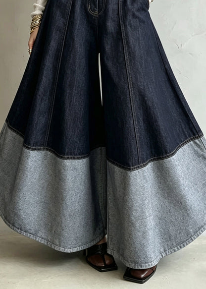 Organic Colorblock Pockets Patchwork Wide Leg Jeans Skirt Fall