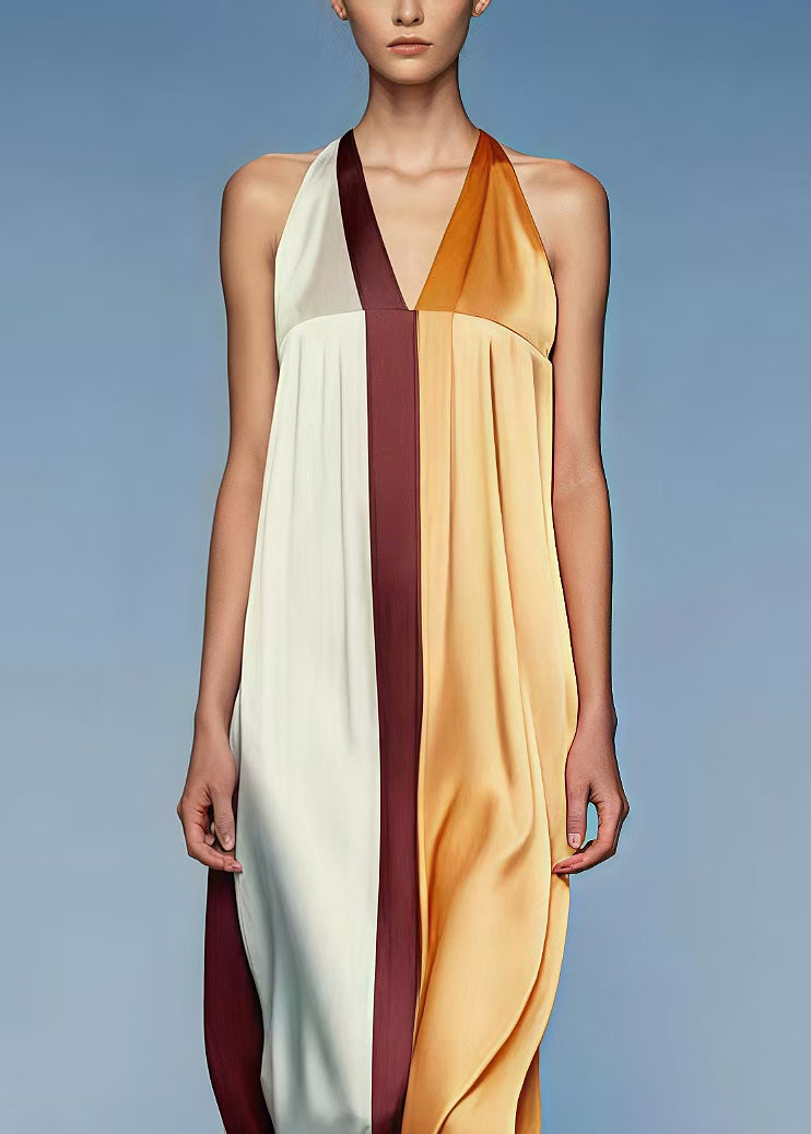 Organic Colorblock V Neck Patchwork Silk Vacation Halter Dresses Summer