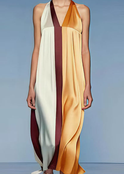 Organic Colorblock V Neck Patchwork Silk Vacation Halter Dresses Summer