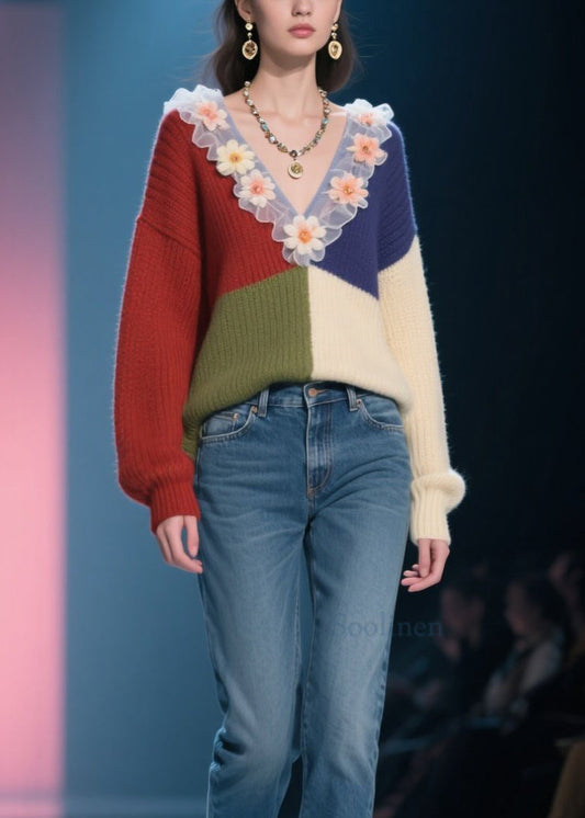 Organic Colorblock V Neck Ruffled Floral Knit Top Fall