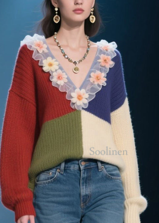 Organic Colorblock V Neck Ruffled Floral Knit Top Fall