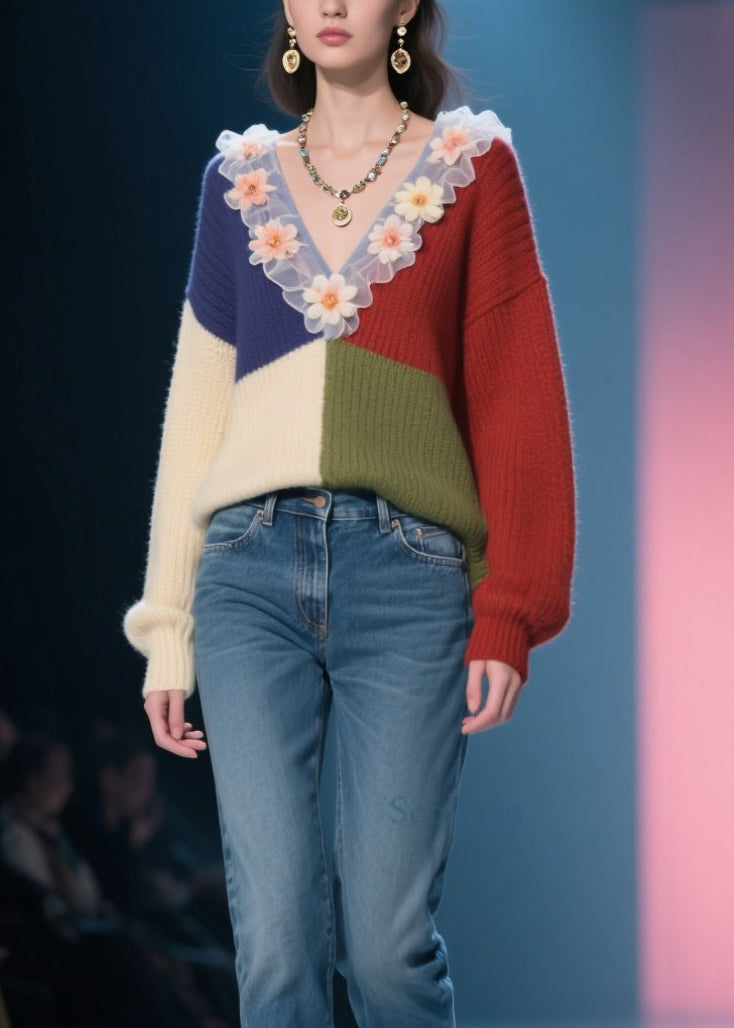 Organic Colorblock V Neck Ruffled Floral Knit Top Fall