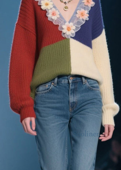 Organic Colorblock V Neck Ruffled Floral Knit Top Fall