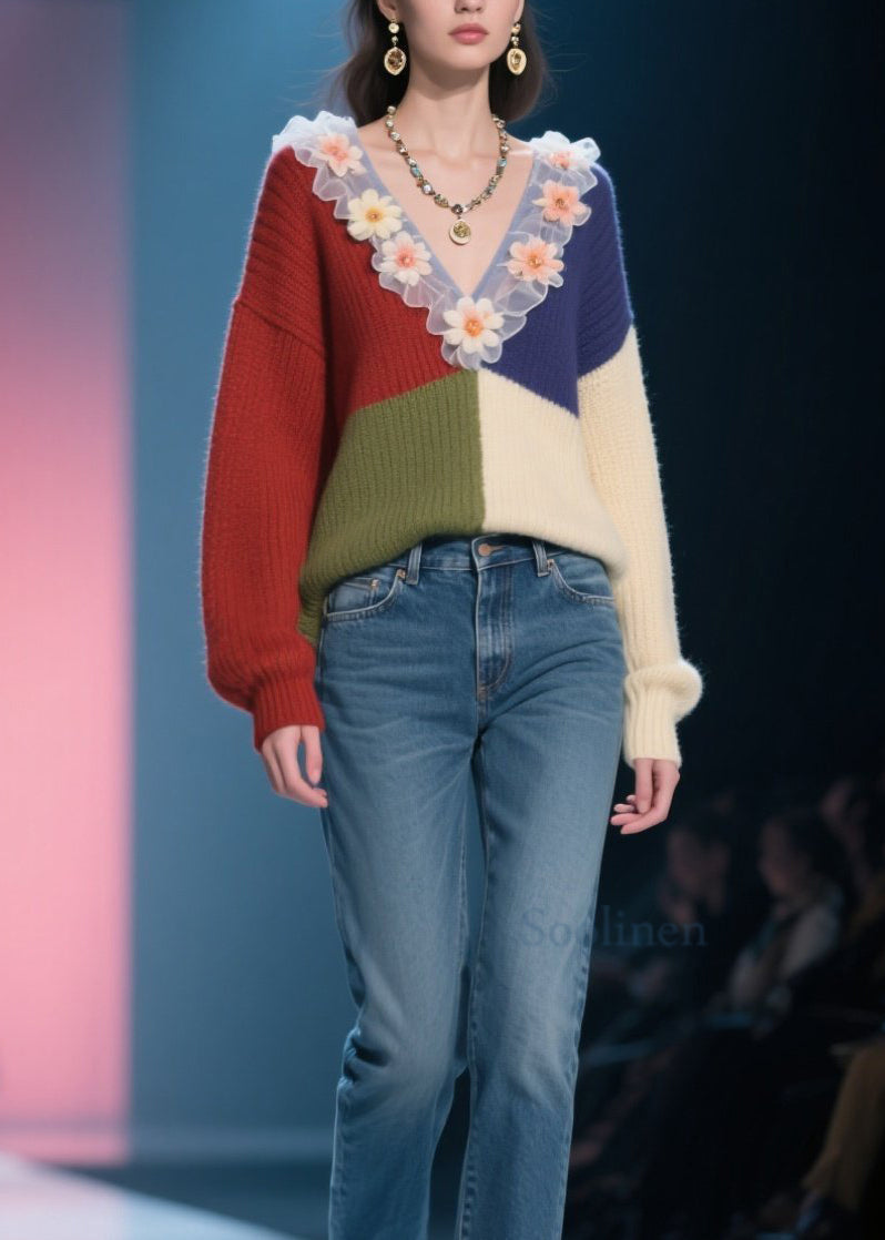 Organic Colorblock V Neck Ruffled Floral Knit Top Fall