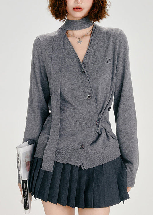 Organic Dark Grey Asymmetrical Button Knit Cardigans Spring