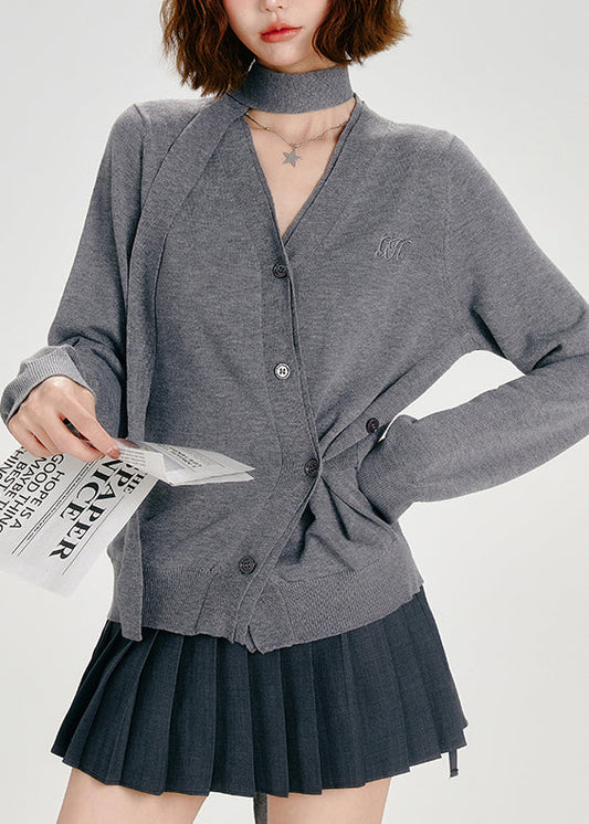 Organic Dark Grey Asymmetrical Button Knit Cardigans Spring