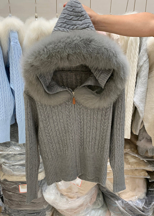 Organic Dark Grey Fur Collar Hooded Cotton Knit Cardigan Winter