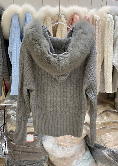 Organic Dark Grey Fur Collar Hooded Cotton Knit Cardigan Winter