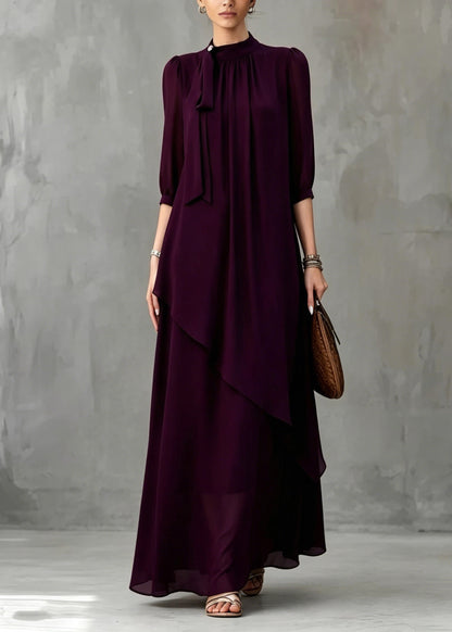 Organic Dark Purple Stand Collar Solid Maxi Dress Half Sleeve