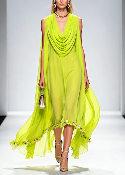 Organic Fluorescent Green Turtle Neck Floral Chiffon Long Dresses Summer