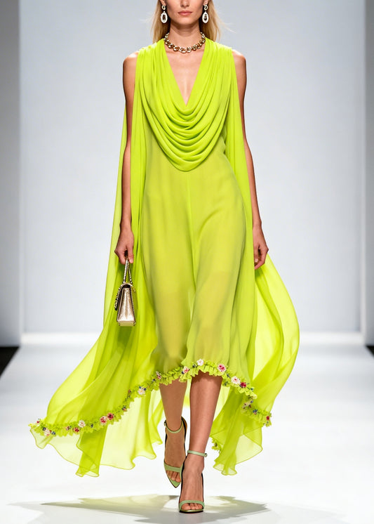 Organic Fluorescent Green Turtle Neck Floral Chiffon Long Dresses Summer