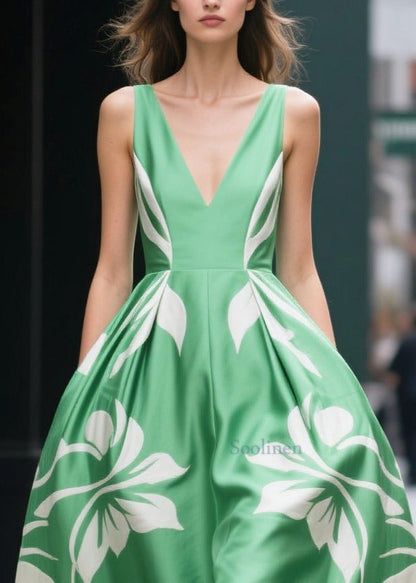 Organic Fruit Green Print Silk Cotton Vacation Dress Summer