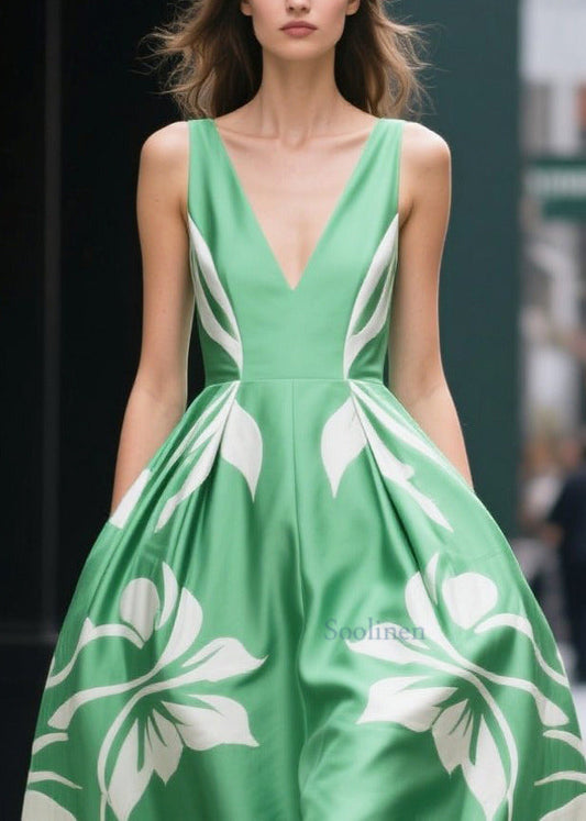 Organic Fruit Green Print Silk Cotton Vacation Dress Summer