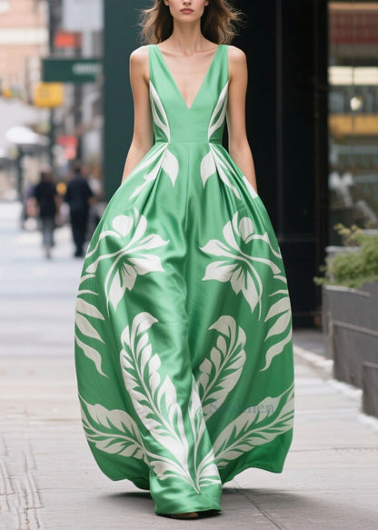 Organic Fruit Green Print Silk Cotton Vacation Dress Summer