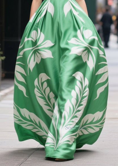 Organic Fruit Green Print Silk Cotton Vacation Dress Summer