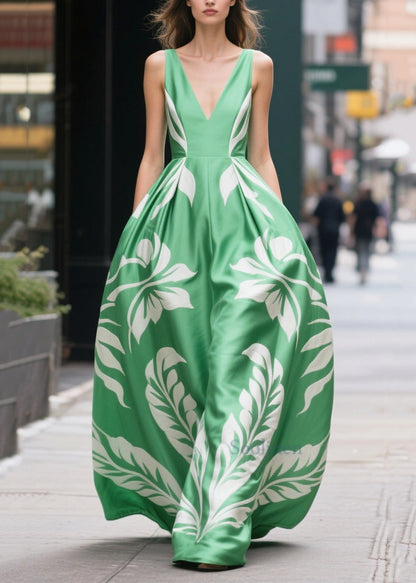 Organic Fruit Green Print Silk Cotton Vacation Dress Summer